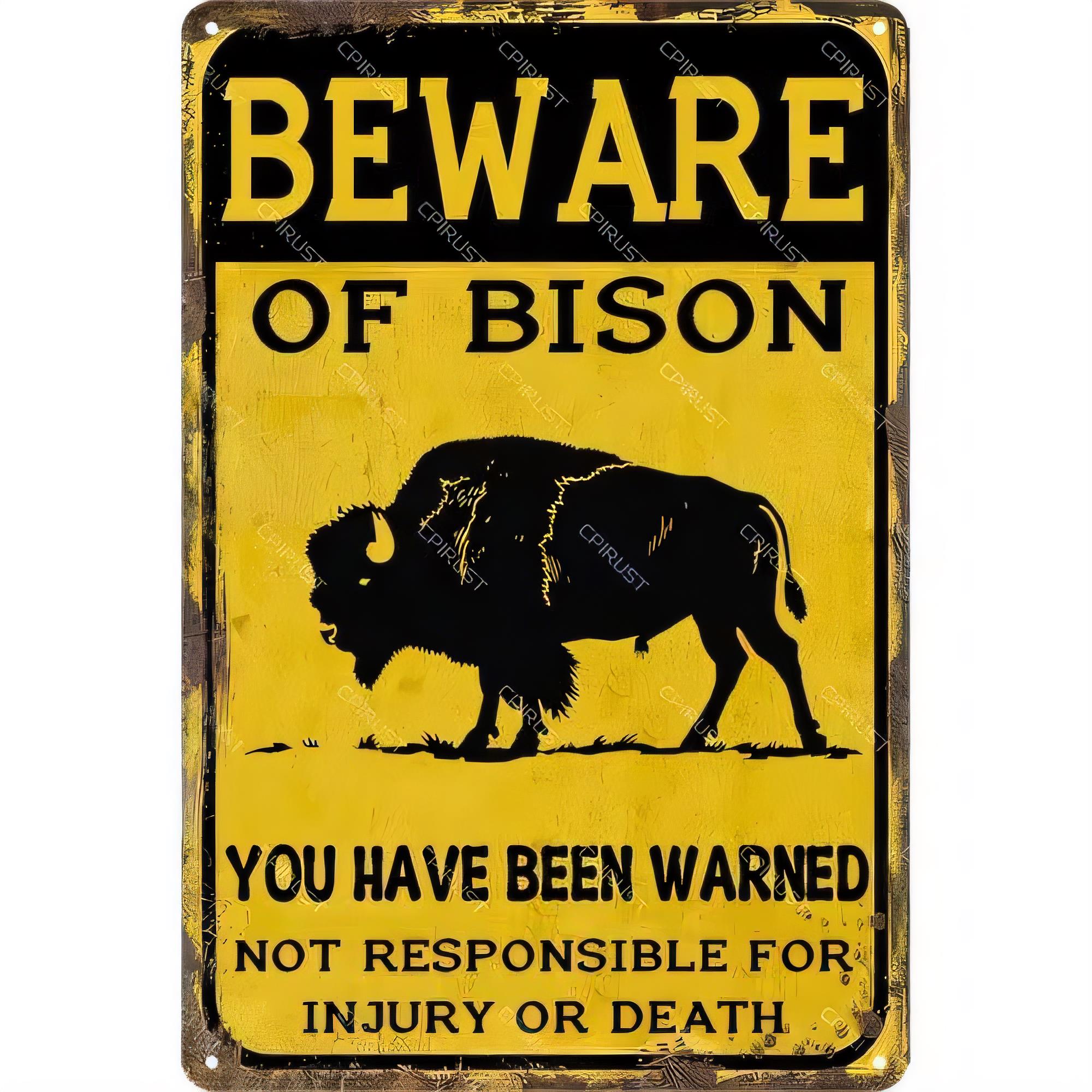 Wine Tag Label - Tin Sign Beware Of Bison Funny